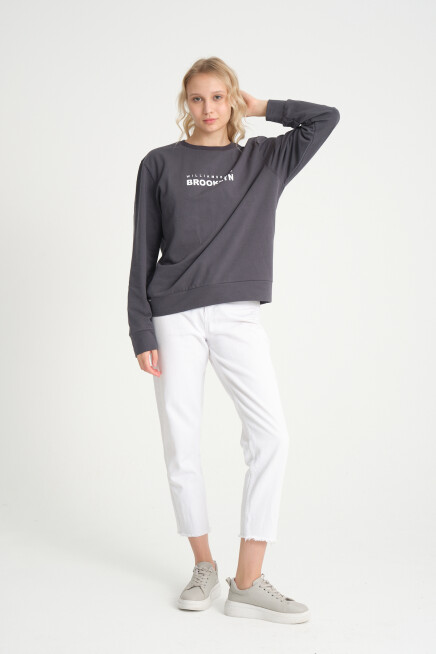 Süperlife Kadın Bisiklet Yaka Oversize Fit Brooklyn Baskılı İnce Sweatshirt SPR23SWK330