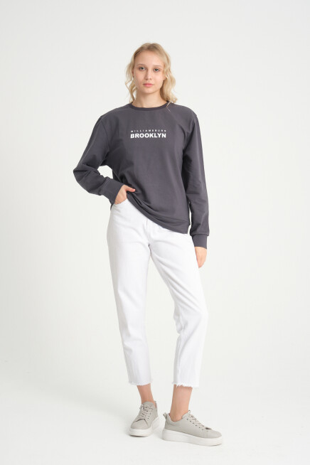 Süperlife Kadın Bisiklet Yaka Oversize Fit Brooklyn Baskılı İnce Sweatshirt SPR23SWK330