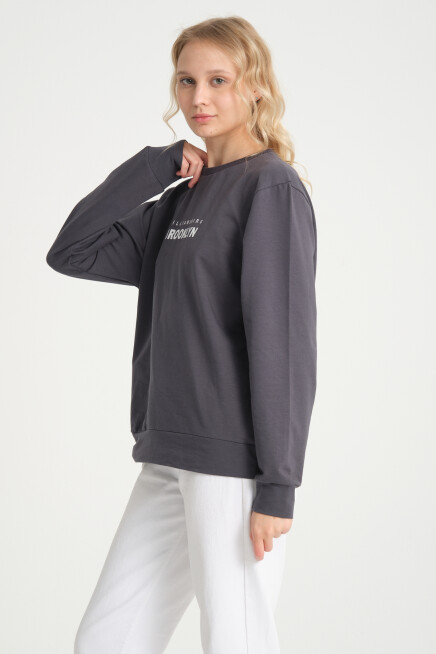 Süperlife Kadın Bisiklet Yaka Oversize Fit Brooklyn Baskılı İnce Sweatshirt SPR23SWK330