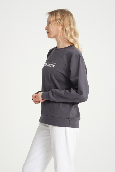 Süperlife Kadın Bisiklet Yaka Oversize Fit Brooklyn Baskılı İnce Sweatshirt SPR23SWK330