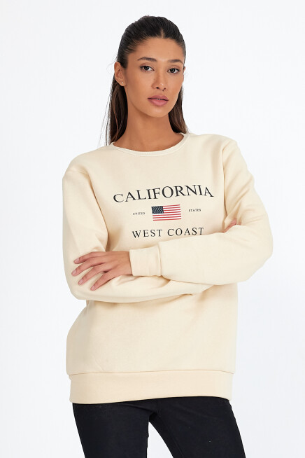 Süperlife Kadın Bisiklet Yaka Rahat Kalıp İçi Polarlı 3 iplik Amerikan Baskılı Swetashırt spr24swk26