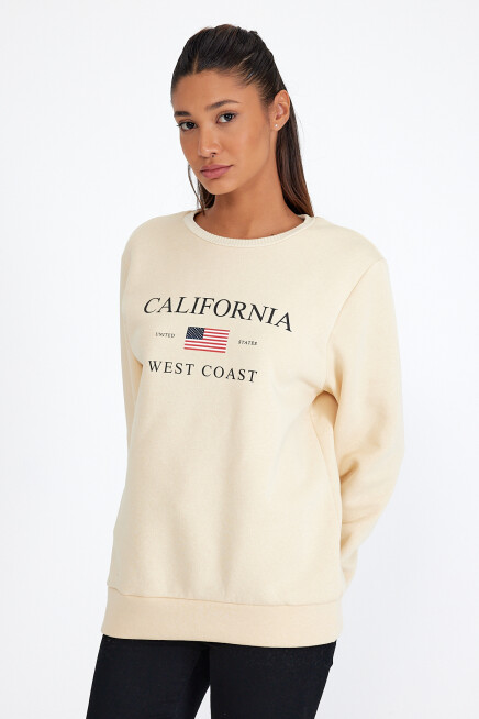 Süperlife Kadın Bisiklet Yaka Rahat Kalıp İçi Polarlı 3 iplik Amerikan Baskılı Swetashırt spr24swk26