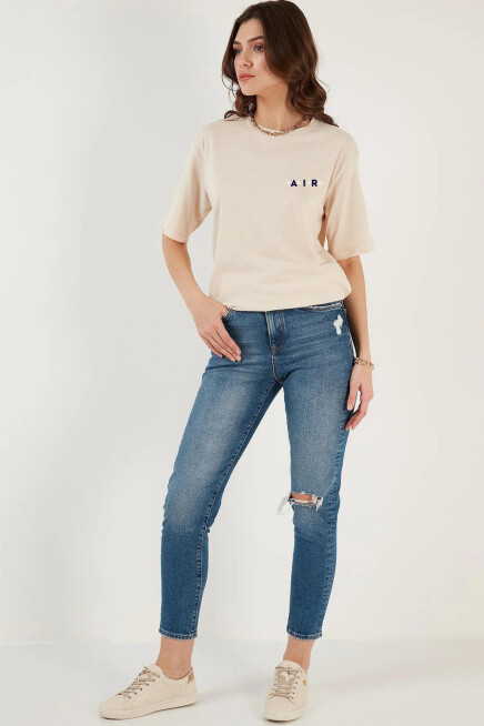 Süperlife Kadın Bisiklet Yaka Regular Fit Baskılı Tişort SPR21YK23