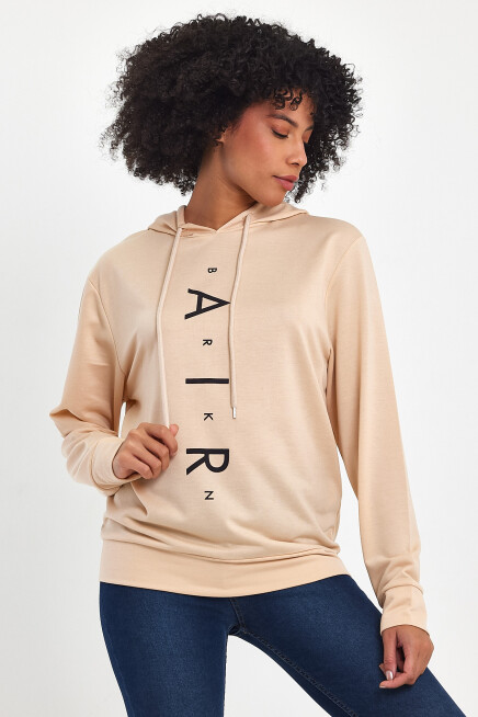 Süperlife Kadın Kapşonlu AR Baskılı İnce Sweatshırt SPR22SWk162