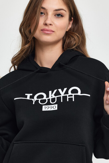 Kadın Kapşonlu Rahat Kalıp İçi Polarlı 3 iplik Tokyo Baskılı Swetashırt Spr24swk12