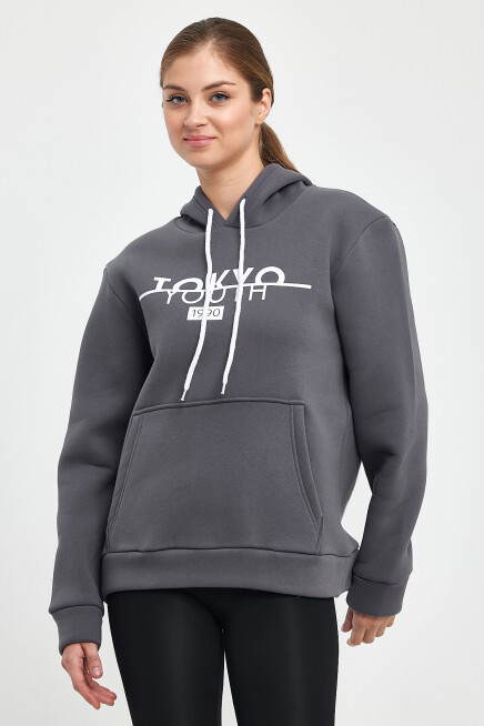 Kadın Kapşonlu Rahat Kalıp İçi Polarlı 3 iplik Tokyo Baskılı Swetashırt Spr24swk12