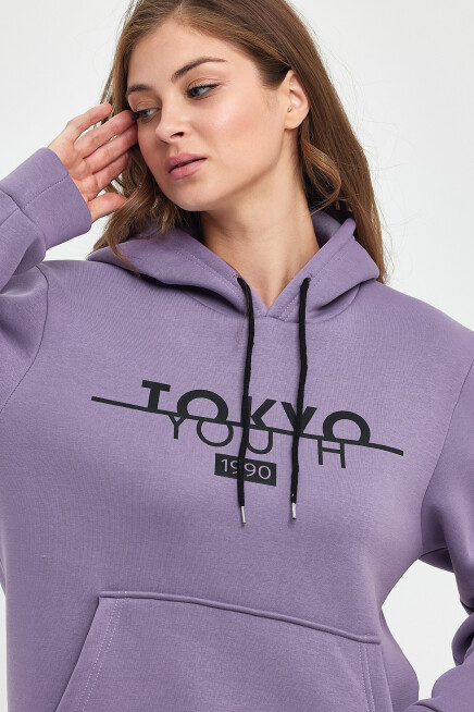 Kadın Kapşonlu Rahat Kalıp İçi Polarlı 3 iplik Tokyo Baskılı Swetashırt Spr24swk12