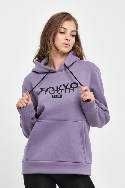 Kadın Kapşonlu Rahat Kalıp İçi Polarlı 3 iplik Tokyo Baskılı Swetashırt Spr24swk12