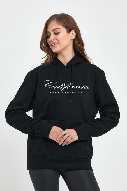 Süperlife Kadın Kapşonlu Rahat Kalıp İçi Polarlı 3 iplik Californıa Baskılı Swetashırt spr24swk03