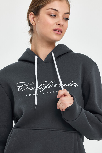Süperlife Kadın Kapşonlu Rahat Kalıp İçi Polarlı 3 iplik Californıa Baskılı Swetashırt spr24swk03