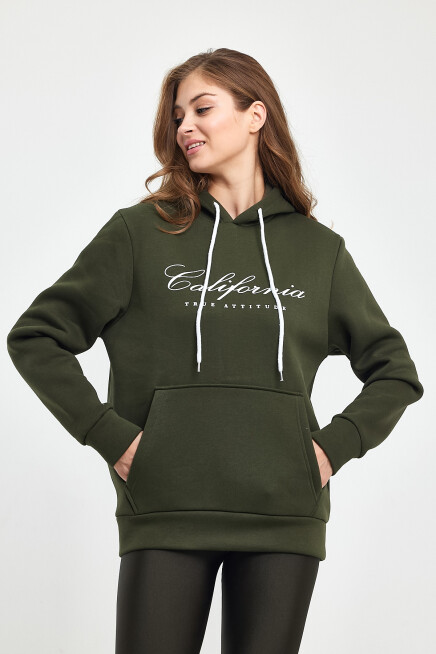 Süperlife Kadın Kapşonlu Rahat Kalıp İçi Polarlı 3 iplik Californıa Baskılı Swetashırt spr24swk03