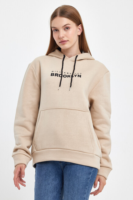 Kadın Kapşonlu Rahat Kalıp İçi Polarlı 3 iplik  W. Brooklyn Baskılı Swetashırt spr24swk04 