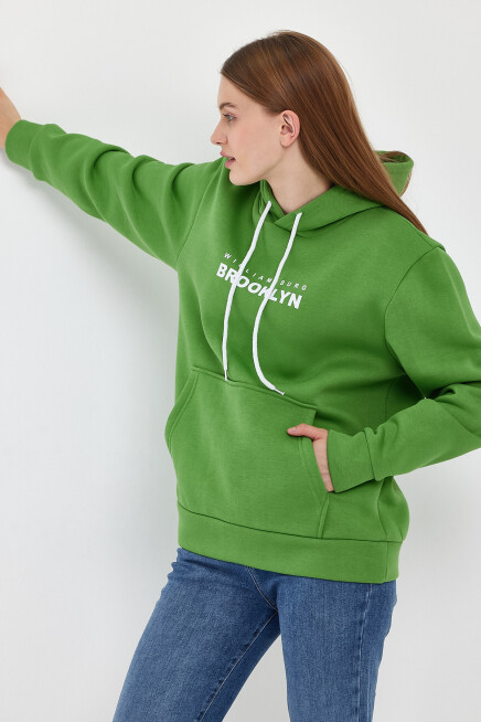 Kadın Kapşonlu Rahat Kalıp İçi Polarlı 3 iplik  W. Brooklyn Baskılı Swetashırt spr24swk04 