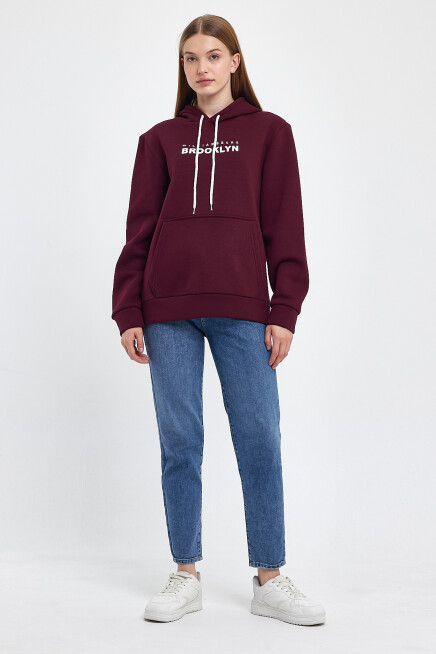 Kadın Kapşonlu Rahat Kalıp İçi Polarlı 3 iplik  W. Brooklyn Baskılı Swetashırt spr24swk04 