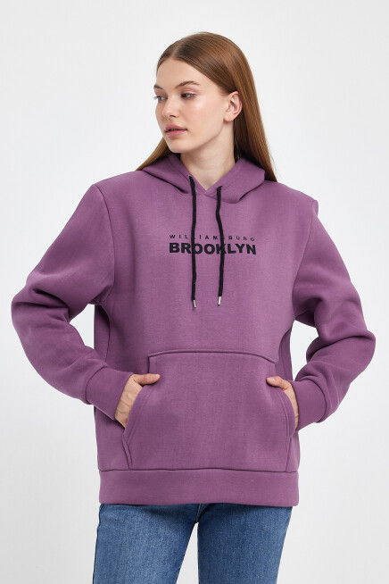 Kadın Kapşonlu Rahat Kalıp İçi Polarlı 3 iplik  W. Brooklyn Baskılı Swetashırt spr24swk04 