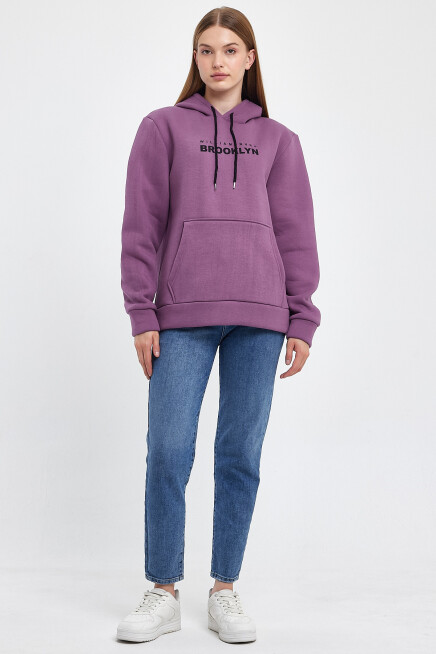 Kadın Kapşonlu Rahat Kalıp İçi Polarlı 3 iplik  W. Brooklyn Baskılı Swetashırt spr24swk04 