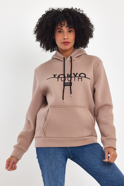Kadın Kapşonlu Rahat Kalıp İçi Polarlı 3 iplik Tokyo Baskılı Swetashırt Spr24swk12