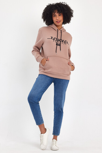 Kadın Kapşonlu Rahat Kalıp İçi Polarlı 3 iplik Tokyo Baskılı Swetashırt Spr24swk12