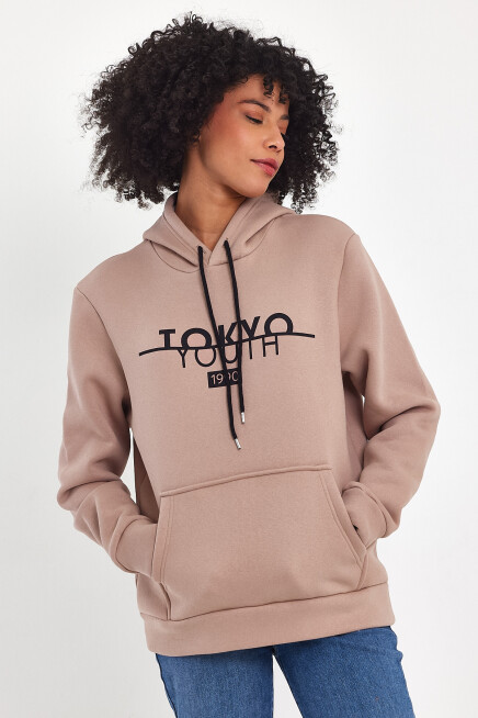 Kadın Kapşonlu Rahat Kalıp İçi Polarlı 3 iplik Tokyo Baskılı Swetashırt Spr24swk12