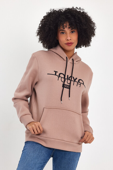 Kadın Kapşonlu Rahat Kalıp İçi Polarlı 3 iplik Tokyo Baskılı Swetashırt Spr24swk12