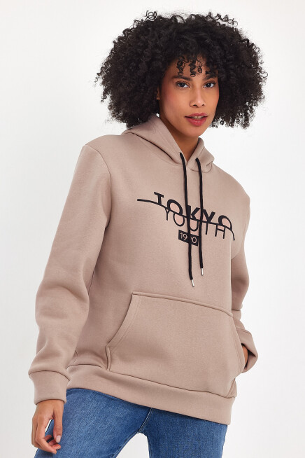 Kadın Kapşonlu Rahat Kalıp İçi Polarlı 3 iplik Tokyo Baskılı Swetashırt Spr24swk12