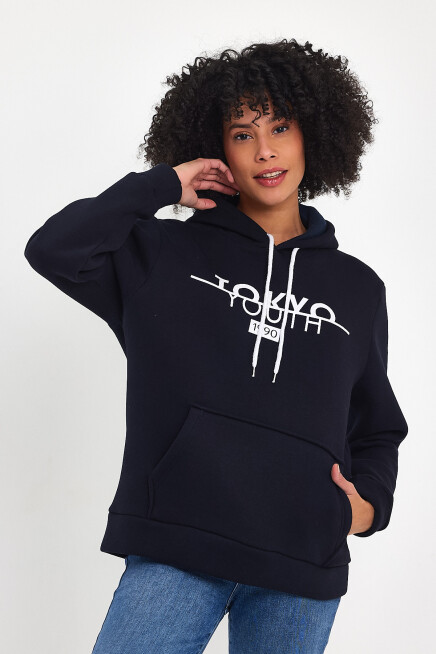 Kadın Kapşonlu Rahat Kalıp İçi Polarlı 3 iplik Tokyo Baskılı Swetashırt Spr24swk12