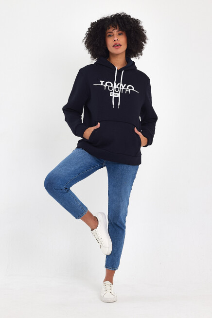 Kadın Kapşonlu Rahat Kalıp İçi Polarlı 3 iplik Tokyo Baskılı Swetashırt Spr24swk12