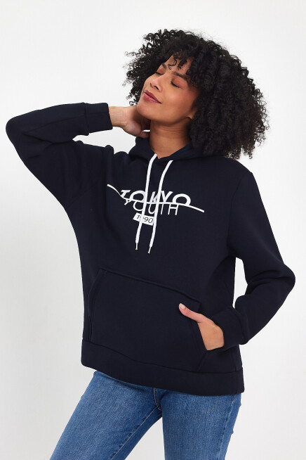 Kadın Kapşonlu Rahat Kalıp İçi Polarlı 3 iplik Tokyo Baskılı Swetashırt Spr24swk12