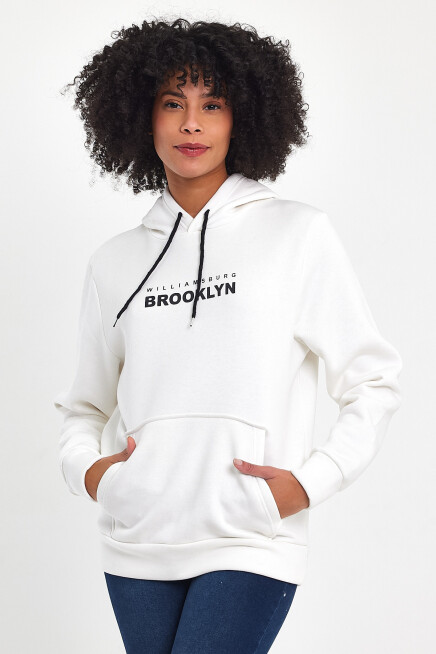 Kadın Kapşonlu Rahat Kalıp İçi Polarlı 3 iplik  W. Brooklyn Baskılı Swetashırt spr24swk04 