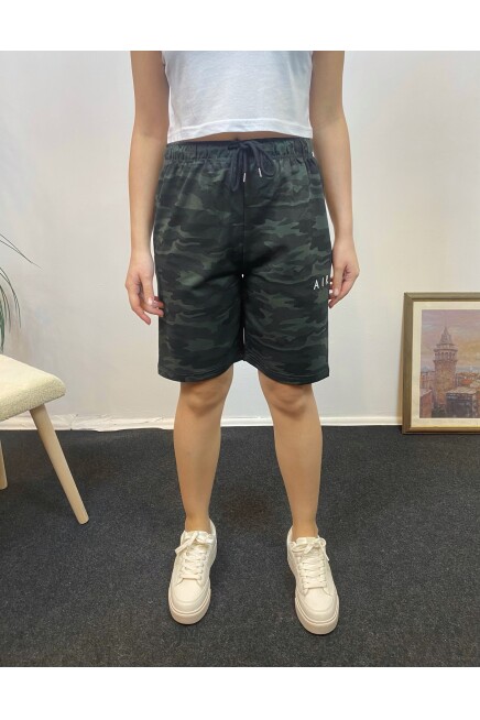 Kadın Rahat Kalıp Beli Lastikli Cepli Basklı Şort spr24srk52