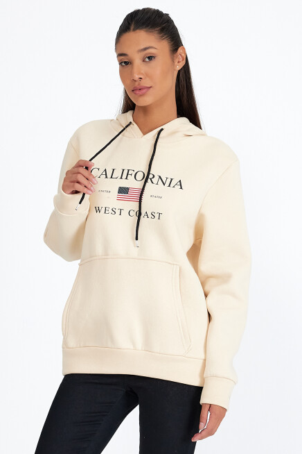 Kadın Kapşonlu Rahat Kalıp İçi Polarlı 3 iplik  Amerikan Baskılı Swetashırt spr24swk01