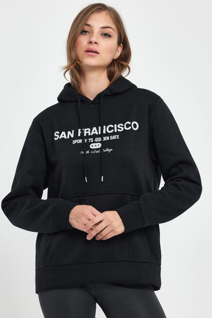 Süperlife Kadın Kapşonlu Rahat Kalıp İçi Polarlı 3 iplik Kanguru Cepli San Francisco Baskılı Swetashırt Spr24swk02