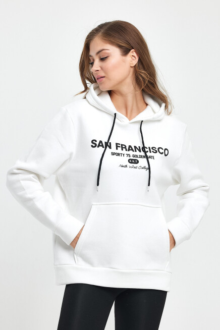 Süperlife Kadın Kapşonlu Rahat Kalıp İçi Polarlı 3 iplik Kanguru Cepli San Francisco Baskılı Swetashırt Spr24swk02