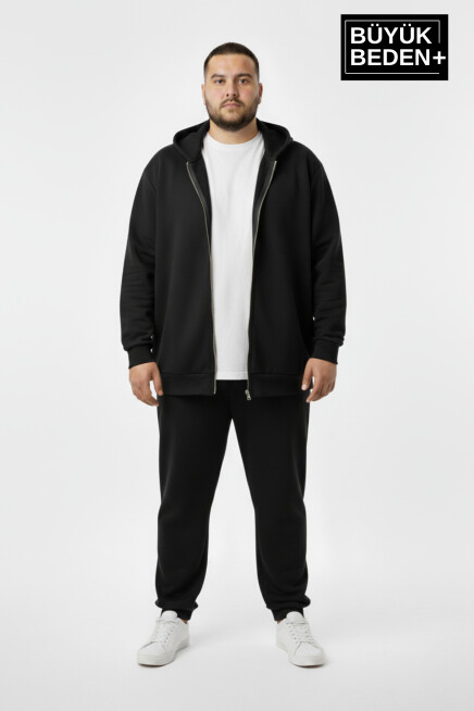 Büyük Beden Erkek Fermuarlı Kapüşonlu Sweatshirt Hırka - Rahat Kalıp SPR26BHR960