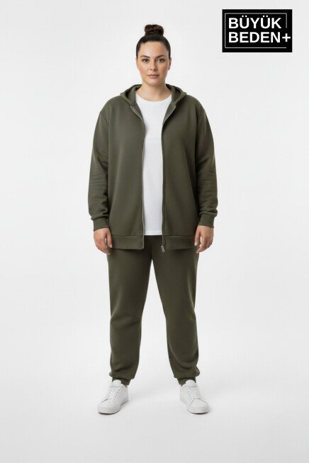 Büyük Beden Kadın Fermuarlı Kapüşonlu Sweatshirt Hırka - Rahat Kalıp SPR26BHR960