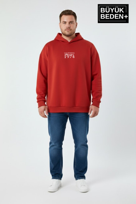 Erkek Büyük Beden  California 1974 Baskılı Kapüşonlu Sweatshirt -Rahat Kalıp SPR26BSW965