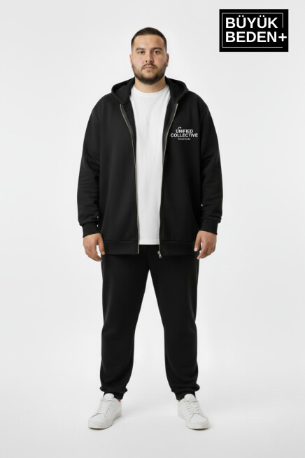Erkek Büyük Beden Fermuarlı Kapüşonlu Unified Baskılı Sweatshirt Hırka SPR26BHR924