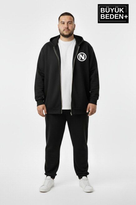Erkek Büyük Beden Kapüşonlu Fermuarlı N Baskılı Sweatshirt Hırka SPR26BHR922