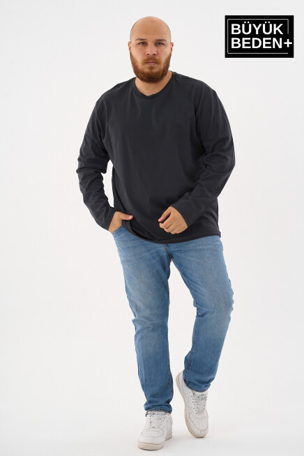 Erkek Büyük Beden Uzun Kollu 2 İplik Bisiklet Yaka Tişört