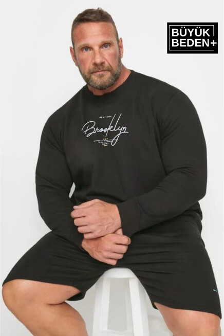 Erkek El Yazılı Brooklyn Baskılı Büyük Beden İnce Bisiklet Yaka Swatshırt SPR25BSW59