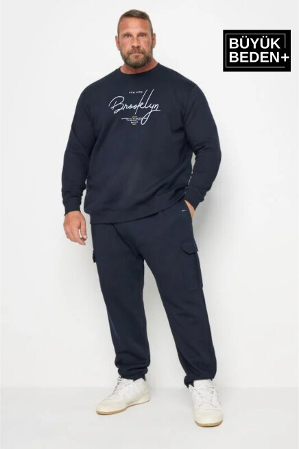 Erkek El Yazılı Brooklyn Baskılı Büyük Beden İnce Bisiklet Yaka Swatshırt SPR25BSW59