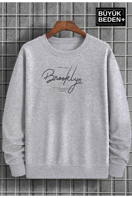 Erkek El Yazılı Brooklyn Baskılı Büyük Beden İnce Bisiklet Yaka Swatshırt SPR25BSW59