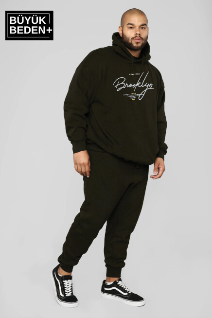 Erkek El Yazılı Brooklyn Baskılı Büyük Beden İnce Kapşonlu Swatshırt SPR25BSW58