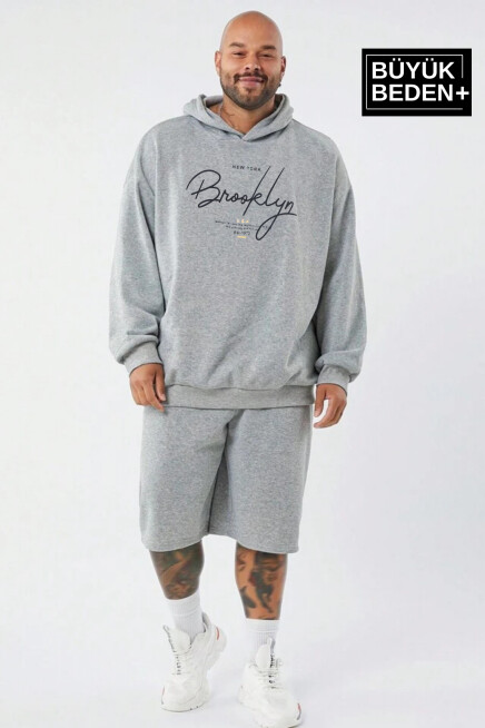 Erkek El Yazılı Brooklyn Baskılı Büyük Beden İnce Kapşonlu Swatshırt SPR25BSW58