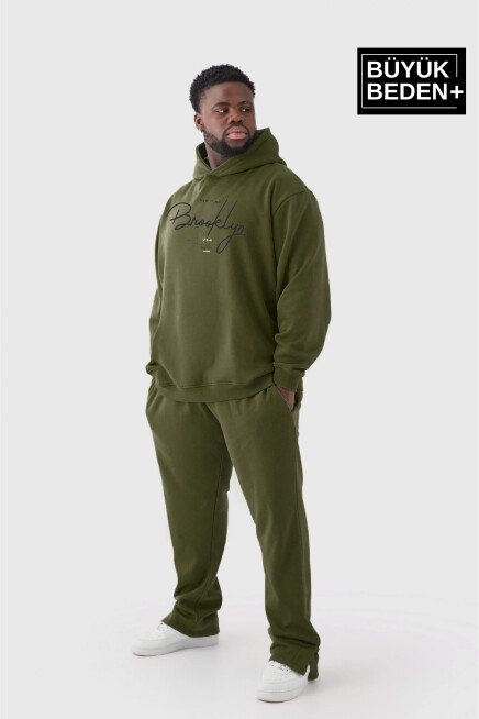 Erkek El Yazılı Brooklyn Baskılı Büyük Beden İnce Kapşonlu Swatshırt SPR25BSW58