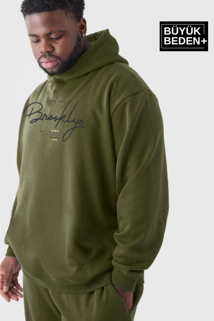 Erkek El Yazılı Brooklyn Baskılı Büyük Beden İnce Kapşonlu Swatshırt SPR25BSW58