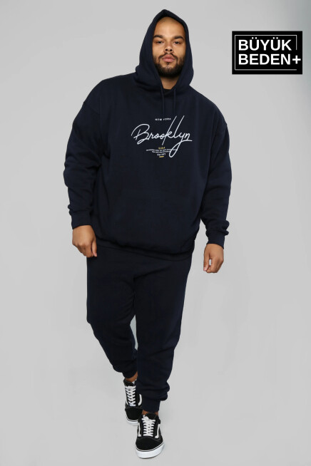 Erkek El Yazılı Brooklyn Baskılı Büyük Beden İnce Kapşonlu Swatshırt SPR25BSW58