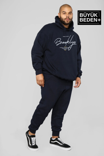 Erkek El Yazılı Brooklyn Baskılı Büyük Beden İnce Kapşonlu Swatshırt SPR25BSW58