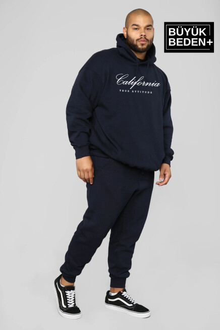 Erkek El Yazılı California Baskılı Büyük Beden İnce Kapşonlu Swatshırt SPR25BSW62
