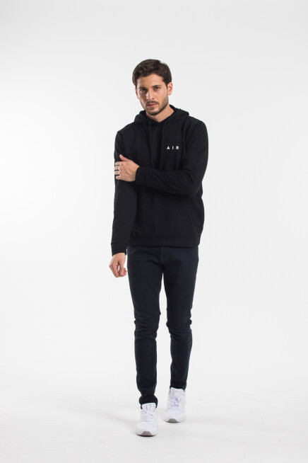 Erkek Kapşonlu Rahat Kalıp İnce AR Baskılı Swetashırt spr24sw122